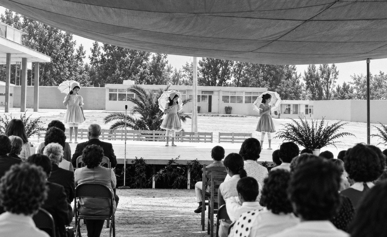 Fotografía histórica en blanco y negro: presentación escolar bajo una carpa, con público sentado