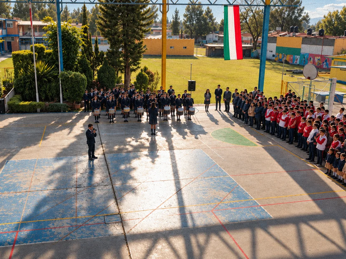 Formación escolar en la cancha de Belmont, con grupo de tambores, bandera mexicana, edificios y áreas verdes