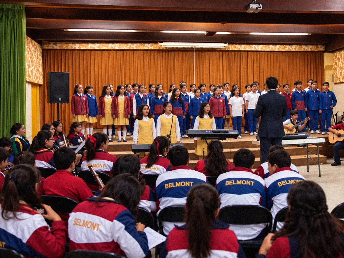 Presentación coral en el auditorio de Belmont, con escenario de madera y público