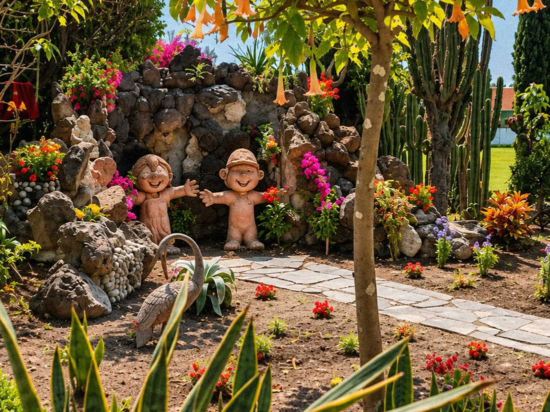 Jardín de Belmont con vegetación, figuras decorativas, piedras y flores