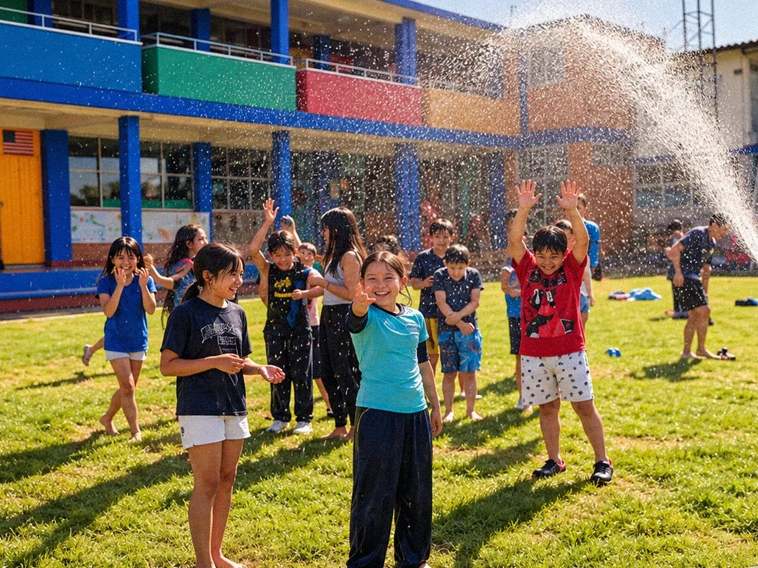 Niños jugando con agua en el área verde junto al edificio escolar