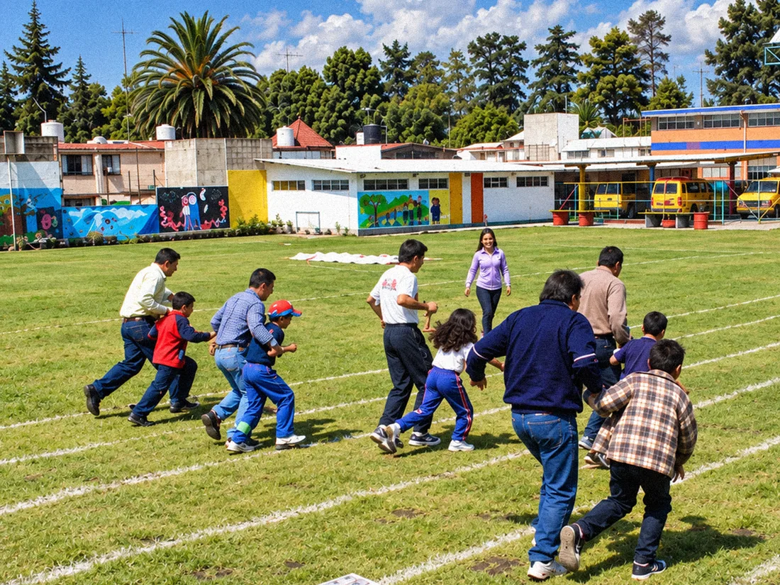 Estudiantes participando en una actividad sobre el césped, con edificios escolares al fondo