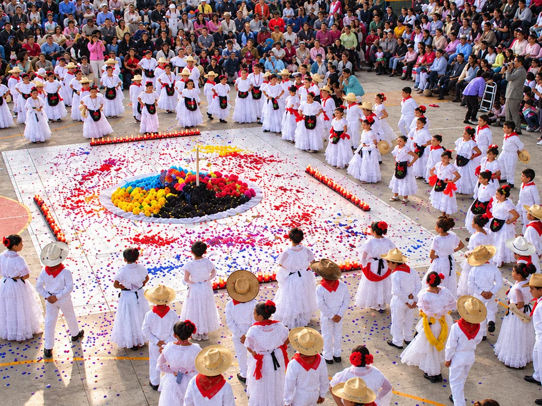 Celebración de Día de Muertos en el patio de Belmont, con flores y estudiantes